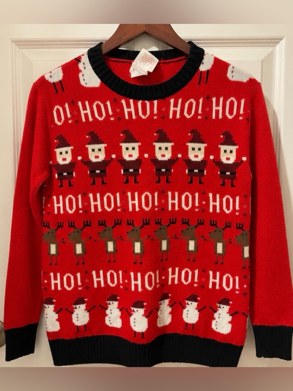 Ugly Christmas Sweater Red & Black Holiday Knit with Santa, Reindeer & Snowmen